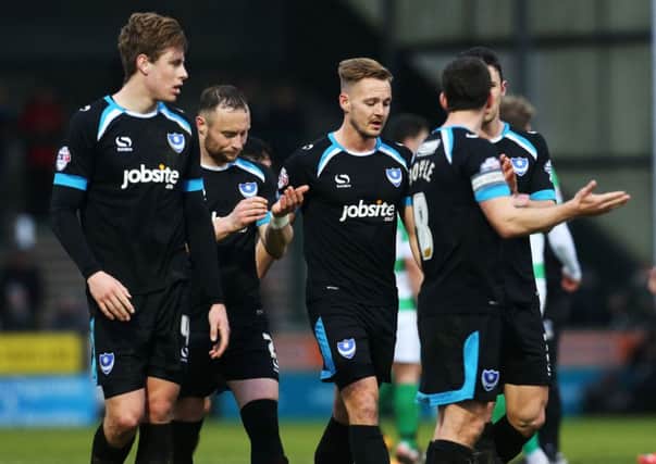 Pompey's players cut frustrated figures following the 1-1 draw at Yeovil on Saturday. Only Oldham in the entire Football League have drawn more times than Paul Cook's side     Picture: Joe Pepler