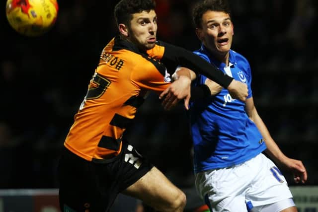 Kal Naismith challenging for the ball against Barnet. Picture: Joe Pepler