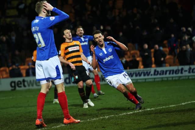 Kal Naismith misses a golden opportunity for Pompey. Picture: Joe Pepler