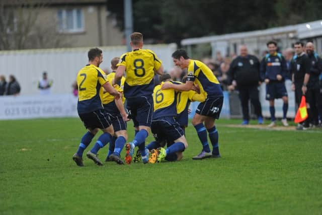 Gosport Borough players celebrate after scoring a goal at Privett Park earlier in the season    Picture: Ian Hargreaves