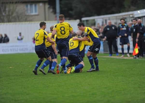 Gosport Borough players celebrate after scoring a goal at Privett Park earlier in the season    Picture: Ian Hargreaves