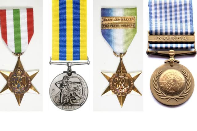 From left, the Italy Star, the Korea Medal, the Atlantic Star and the UN Service Medal for Korea, similar to those stolen from the home of the late William Thelwell PPP-160224-133145001