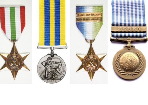 From left, the Italy Star, the Korea Medal, the Atlantic Star and the UN Service Medal for Korea, similar to those stolen from the home of the late William Thelwell PPP-160224-133145001