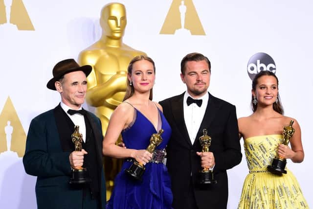 Mark Rylance, Brie Larson, Leonardo DiCaprio and Alicia Vikander with their Oscars