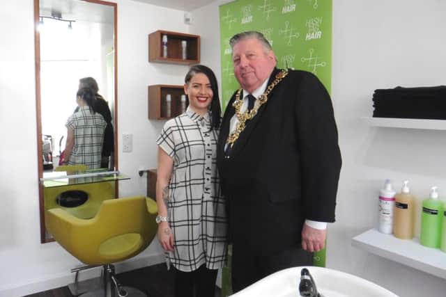 Sammie Elliott, owner of new salon HashTag Hair, in Winter Road, Southsea, with Lord Mayor of Portsmouth Cllr Frank Jonas