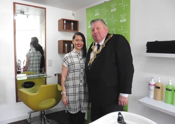 Sammie Elliott, owner of new salon HashTag Hair, in Winter Road, Southsea, with Lord Mayor of Portsmouth Cllr Frank Jonas