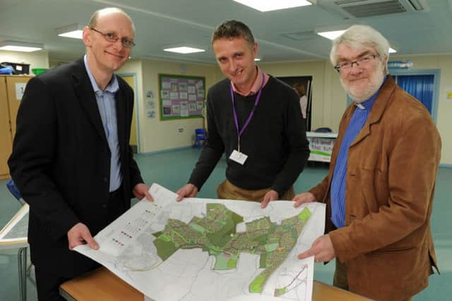From left, headteacher Tim Clarke, architect Tim Burgess and chairman of governors The Rev Sandy Matheson Picture: Ian Hargreaves (160045-2)