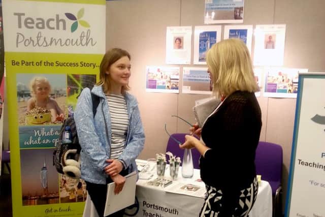 Lynn Nicholls, Portsmouth Teaching School Alliance ITT Lead, right, speaks with a future teacher trainer