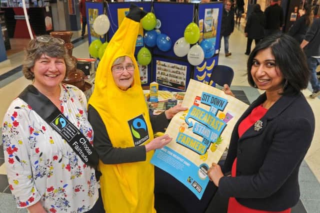 Rachel Hicks, Jane Tredgett of Fairtrade in the banana costume, and Fareham MP Suella Fernandes Picture: Ian Hargreaves