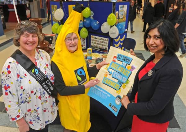 Rachel Hicks, Jane Tredgett of Fairtrade in the banana costume, and Fareham MP Suella Fernandes Picture: Ian Hargreaves