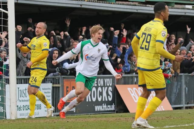 Snorre Nilsen celebrates his winner for Bognor in their FA Trophy semi-final victory against Torquay Picture: Tim Hale