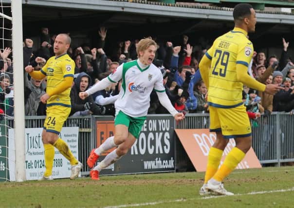 Snorre Nilsen celebrates his winner for Bognor in their FA Trophy semi-final victory against Torquay Picture: Tim Hale