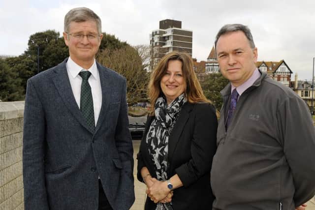 From the left are forensic science adviser Jonathan Smith, 59, crime writer Elly Griffiths, 52, and PC Simon Mound, 48, a crime investigator with Hampshire police  Picture: Malcolm Wells (160305-9680)