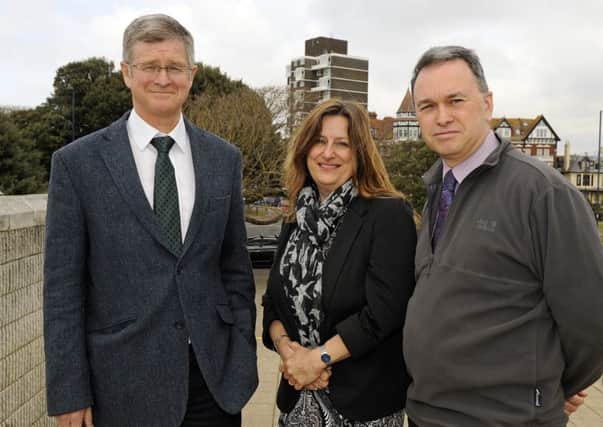 From the left are forensic science adviser Jonathan Smith, 59, crime writer Elly Griffiths, 52, and PC Simon Mound, 48, a crime investigator with Hampshire police  Picture: Malcolm Wells (160305-9680)