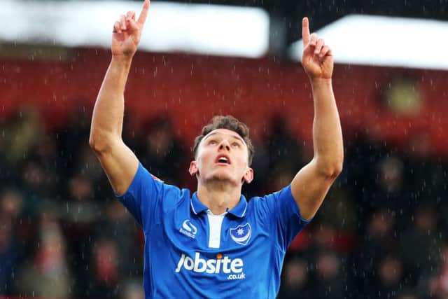 Kal Naismith signals skywards after netting his first goal for Pompey. Picture: Joe Pepler