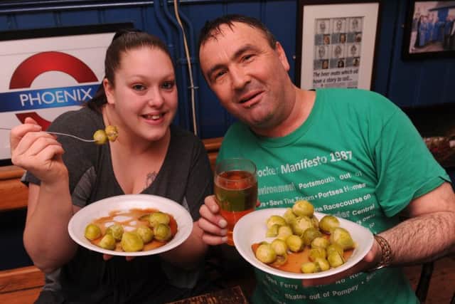 Katie Rogers and Steven Hendry at The Phoenix in Southsea for the sprout eating event in aid of the Return To Normandy charity
Picture: Ian Hargreaves (160343-2)