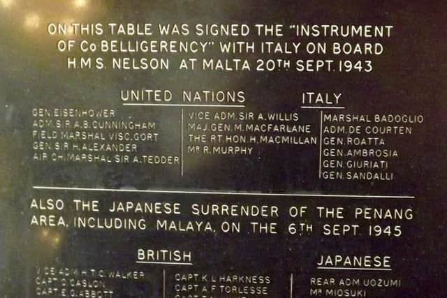 The board showing the signing of two treaties on the table.