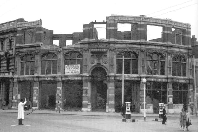 The Central Hotel  just after the end of the war completely wrecked during the blitz of January 10/11, 1941. The Halifax Building Society building to the left survived.