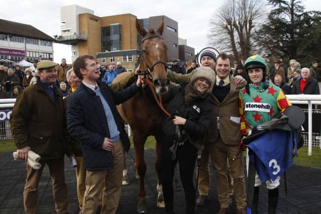 Lil Rockerfeller and his team celebrate their National Spirit Hurdle win at Fontwell. Picture: Clive Bennett/polopictures.co.uk