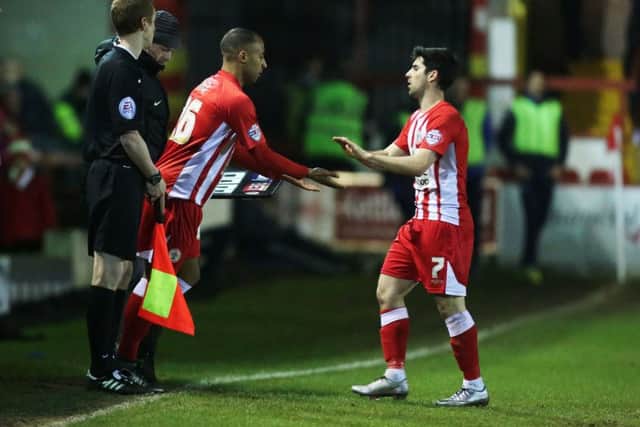 Rommy Boco comes off the bench for Accrington against former club Pompey on Tuesday night   Picture: Joe Pepler
