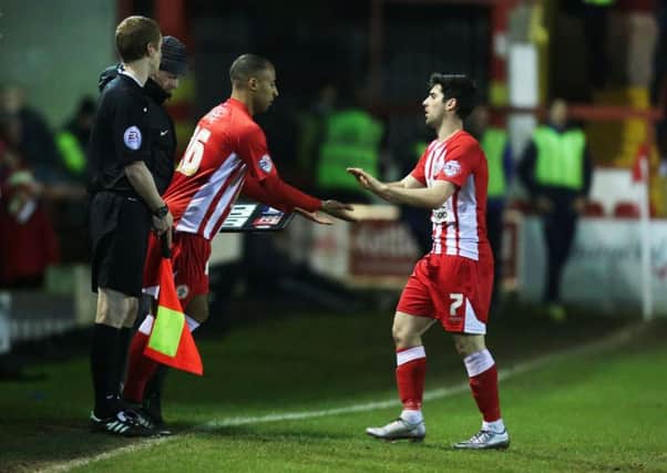 Rommy Boco comes off the bench for Accrington against former club Pompey on Tuesday night   Picture: Joe Pepler