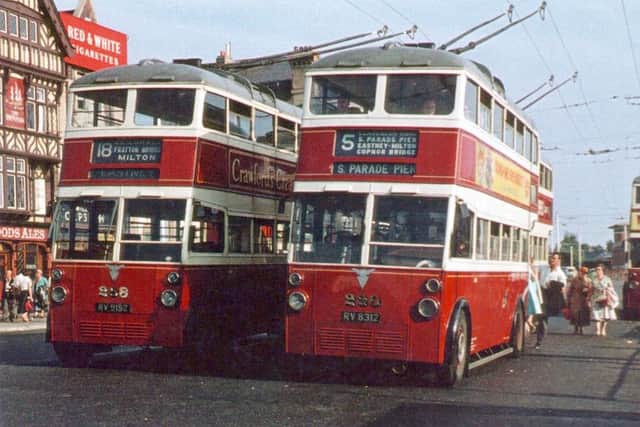 Trolleybuses line up three abreast at The Hard, pre-1963