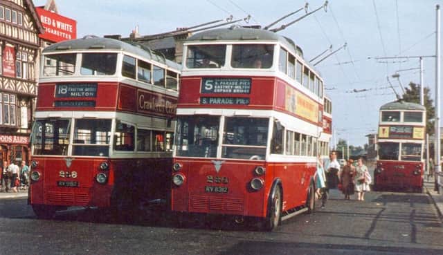 Trolleybuses line up three abreast at The Hard, pre-1963