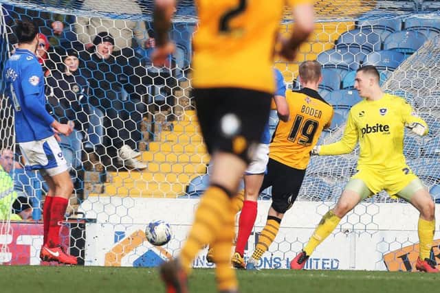 Scott Boden scores Newport County's second goal in their 3-0 win Picture: Joe Pepler