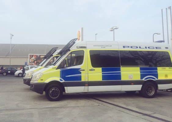 Police vans parked up off Goldsmith Avenue after the Pompey Newport County match at Fratton Park