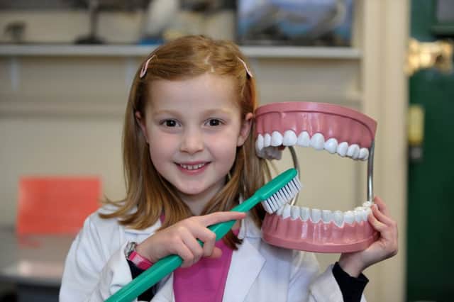 May Stephenson, six, enjoys her hands-on experience with a giant set of gnashers at the event Picture: Paul Jacobs (160219-4)