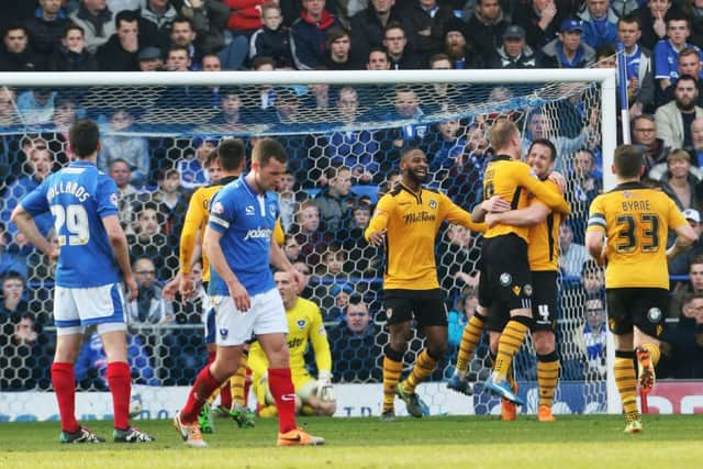 Newport's Darren Jones celebrates scoring against Pompey. Picture: Joe Pepler