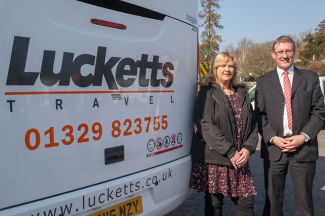 L-R Rachael Burton, widow of M27 crash victim Kevin Burton, and Paul Barringer of Lucketts Travel, which is supporting new road safety campaign Project Pictogram