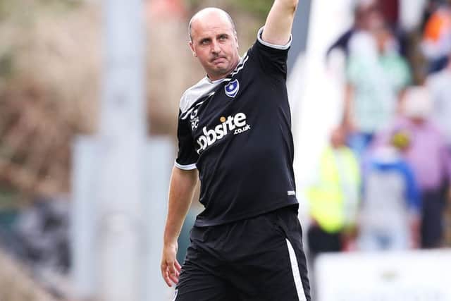 Pompey boss Paul Cook celebrates his sides victory over Plymouth at Home Park back in August but was unhappy with the Pilgrims late consolation goal Picture: Joe Pepler
