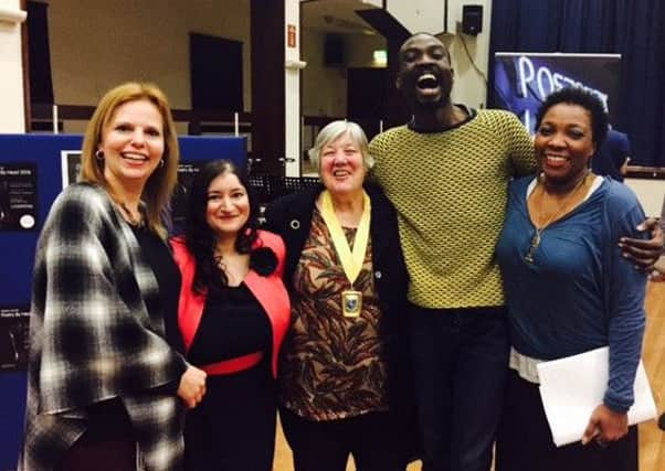 From left: chairwoman of judges Vanessa Chapman,  Poetry By Heart County Final Organiser Ramnika Sharma, prompt and accuracy judge Deputy Mayor of Havant Faith Ponsonby, and  poets Joshua Idehen and Dzifa Benson
