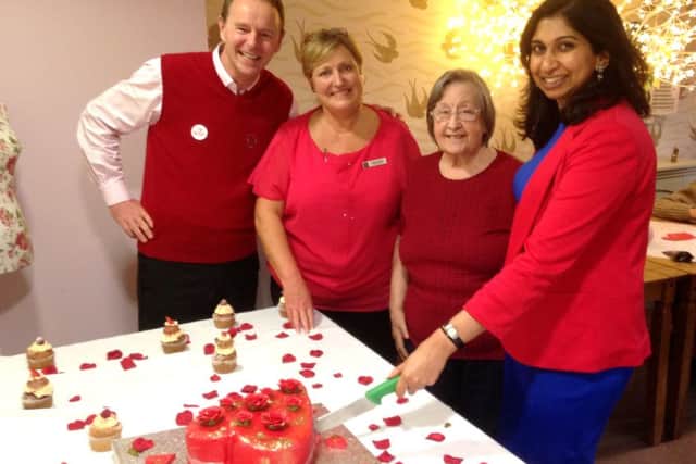 From left, Hamble Heights chief executive Peter Curtis, activities assistant Corinna Smith, resident Jane Edens and Suella Fernandes MP