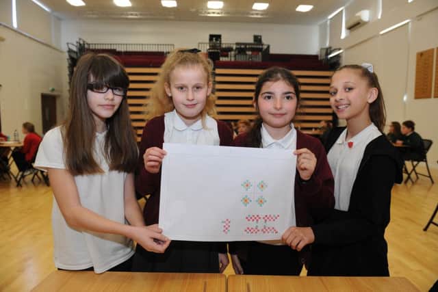 Pictured is: (l-r) Izzy Doyle, Grace Dixon, Caitlin Bitri and Hatty Robbins from Meon Junior School at the Maths Challenge. Picture: Sarah Standing (160517-7487) PPP-160317-083042001