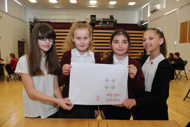 Pictured is: (l-r) Izzy Doyle, Grace Dixon, Caitlin Bitri and Hatty Robbins from Meon Junior School at the Maths Challenge. 

Picture: Sarah Standing (160517-7487) PPP-160317-083042001