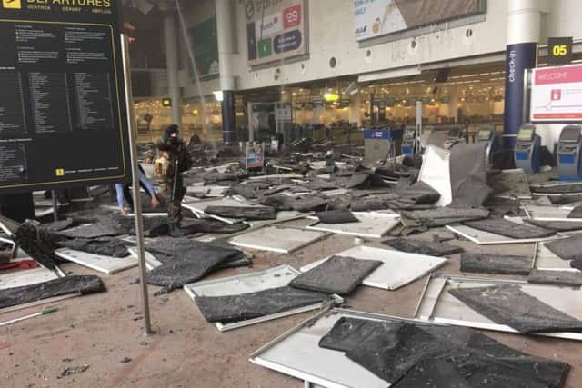Picture taken with permission from the Facebook site of Jef Versele showing the aftermath of this morning's explosions at Brussels airport