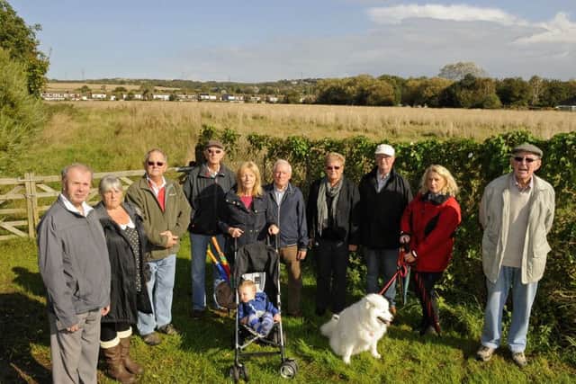 Camapaigners against any homes being built off Cranleigh Road, pictured in 2014. From left. Pete Carey, Linda Britton, Steve Stroud, Bill Capel, Sylvie Stroud with baby Liam Stroud,, Roy Stantiall, Judith Capel, Mick Grinyer, Nikki Butler with her dog 'Poppy' and Alec Noake who opposed the new homes being built in Portchester Picture: Malcolm Wells (142855-0898)