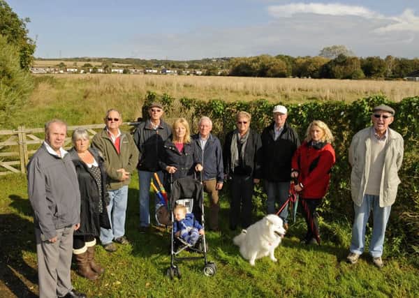 Camapaigners against any homes being built off Cranleigh Road, pictured in 2014. From left. Pete Carey, Linda Britton, Steve Stroud, Bill Capel, Sylvie Stroud with baby Liam Stroud,, Roy Stantiall, Judith Capel, Mick Grinyer, Nikki Butler with her dog 'Poppy' and Alec Noake who opposed the new homes being built in Portchester 
Picture: Malcolm Wells (142855-0898)