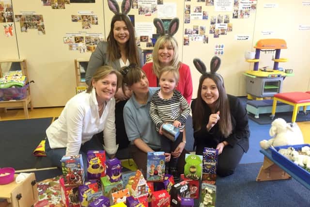 From left, Rainbow Centre CEO Lara Bull, Office Angels recruitment consultant Charlotte Withams, Rainbow Centre conductor in charge Anna Vass with Skyla Porter, two, Office Angels branch manager Peta Reading and recruitment consultant Kimberley Harvey