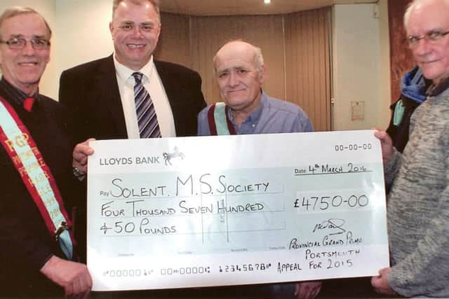 From left, Bro Paul Gaines, Solent MS Therapy Centre manager Mike Gumbrell, Simon Ward and Peter Burgess, past P.G.Ps of the Portsmouth