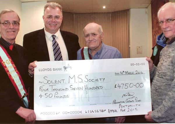 From left, Bro Paul Gaines, Solent MS Therapy Centre manager Mike Gumbrell, Simon Ward and Peter Burgess, past P.G.Ps of the Portsmouth