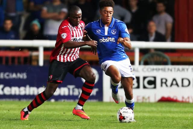 Brandon Joseph-Buadi, right, making his Pompey debut at Exeter in the Johnstone's Paint Trophy Picture: Joe Pepler