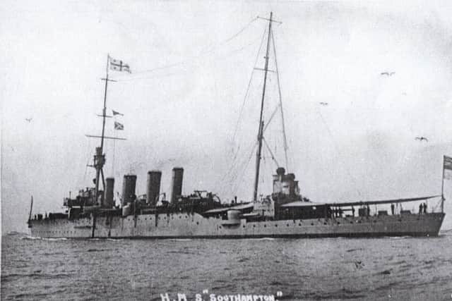 Alberts ship HMS Southampton in 1916. She is  flying the flag of a Rear Admiral at her fore-mast head.
