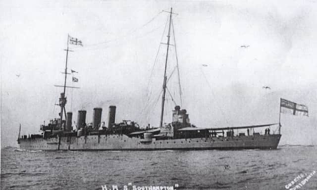 Alberts ship HMS Southampton in 1916. She is  flying the flag of a Rear Admiral at her fore-mast head.