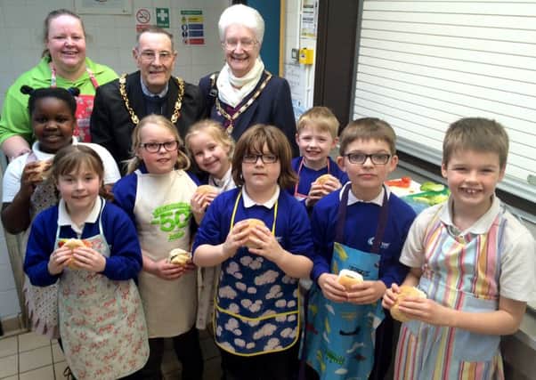 FREE LESSONS Fikile Nyathi, Jasmin Burke, Amy Laver , Abigail Webber, Finlay Underhill, James Lear, Oliver Doughty and Ephraim Royle with the Mayor and Mayoress of Gosport Cllr Keith Farr and June Farr and Rachel Webber, community champion at Asda