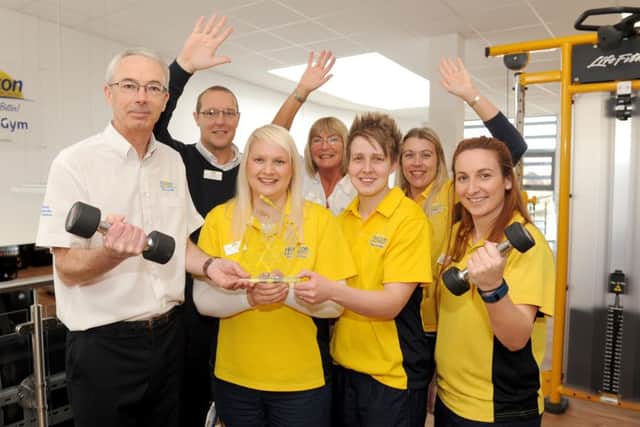 (L-r) Howard Broad, chief executive, Carl Shear, operations manager, Sarah Moulds, gym manager, Marie Wilkinson, centre manager, Stacy Miller, Waterlooville gym team leader, Natalie James-Harrison, gym instructor and Becca Cole, gym instructor.  Picture: Sarah Standing (160558-9626)