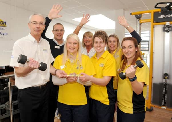 (L-r) Howard Broad, chief executive, Carl Shear, operations manager, Sarah Moulds, gym manager, Marie Wilkinson, centre manager, Stacy Miller, Waterlooville gym team leader, Natalie James-Harrison, gym instructor and Becca Cole, gym instructor.  Picture: Sarah Standing (160558-9626)