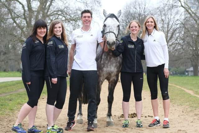 From left,

Sarah Booth, Laura Golledge, endurance coach Martin Yelling, Albus the horse, Helen Sutherland and Olympian Liz Yelling 
Picture: Whole Earth